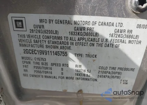 2001 Chevrolet Silverado 1500 Ls from USA, damaged, VIN 2GCEC19V911145755